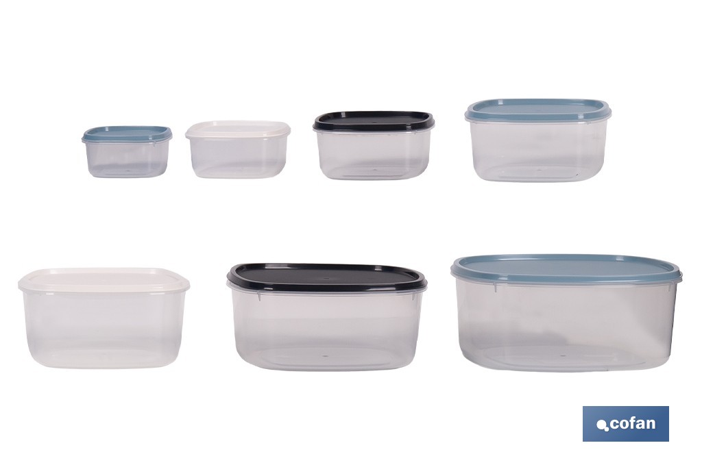 Set de 7 fiambreras cuadradas apilables con tapa hermética | Recipientes de 220 ml a 3600 ml | Aptas para microondas y congelador - Cofan