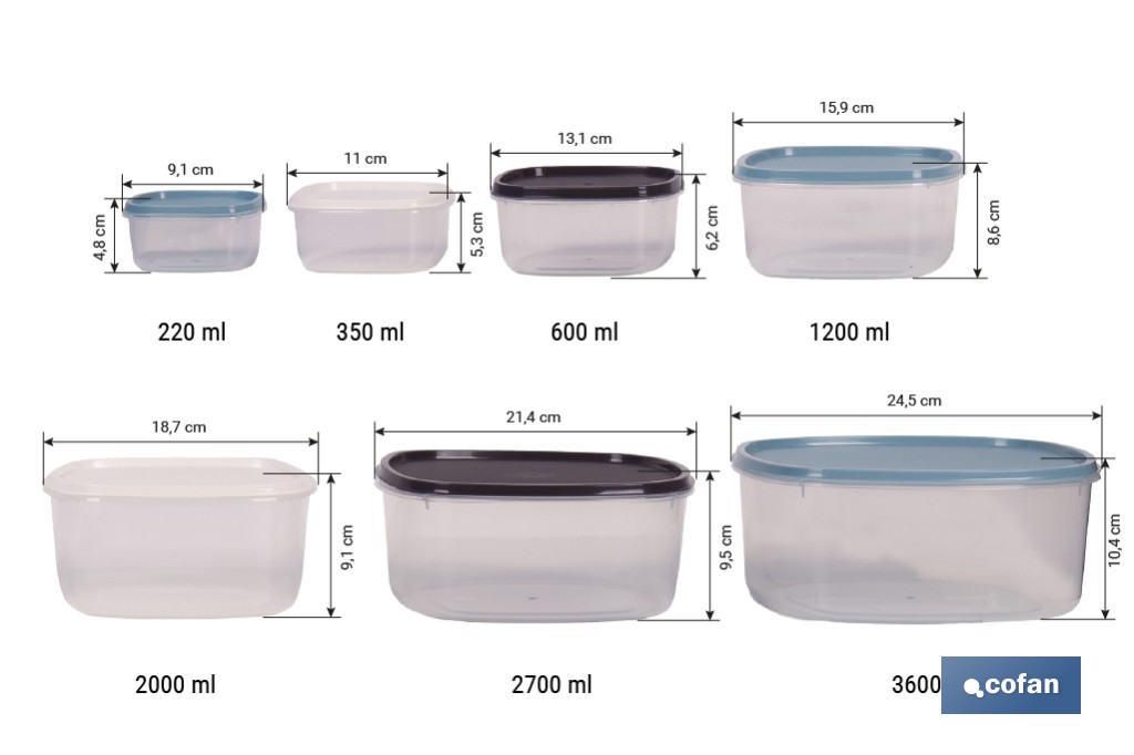 Set de 7 fiambreras cuadradas apilables con tapa hermética | Recipientes de 220 ml a 3600 ml | Aptas para microondas y congelador - Cofan