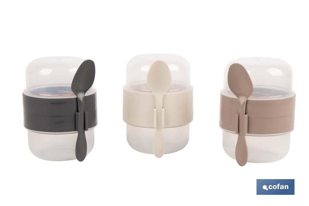 Set de 3 recipientes para cereales con tapa, cuchara y compartimento interior | Capacidad 200 ml + 200 ml | Colores aleatorios: beige, gris y marrón - Cofan