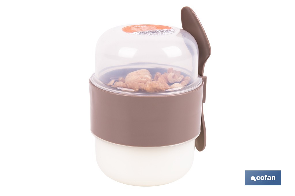 Set of 3 overnight oats containers with lid, spoon and inner compartment | Capacity 200 ml + 200 ml | Assorted colours: beige, grey and brown - Cofan