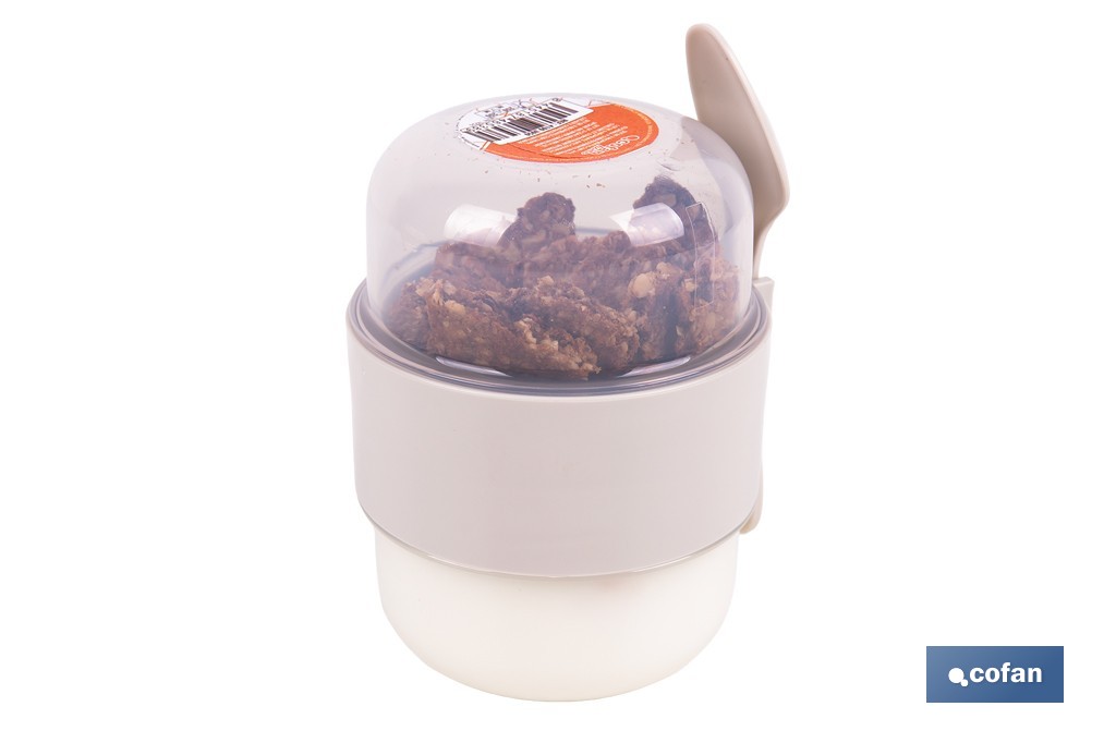 Set of 3 overnight oats containers with lid, spoon and inner compartment | Capacity 200 ml + 200 ml | Assorted colours: beige, grey and brown - Cofan