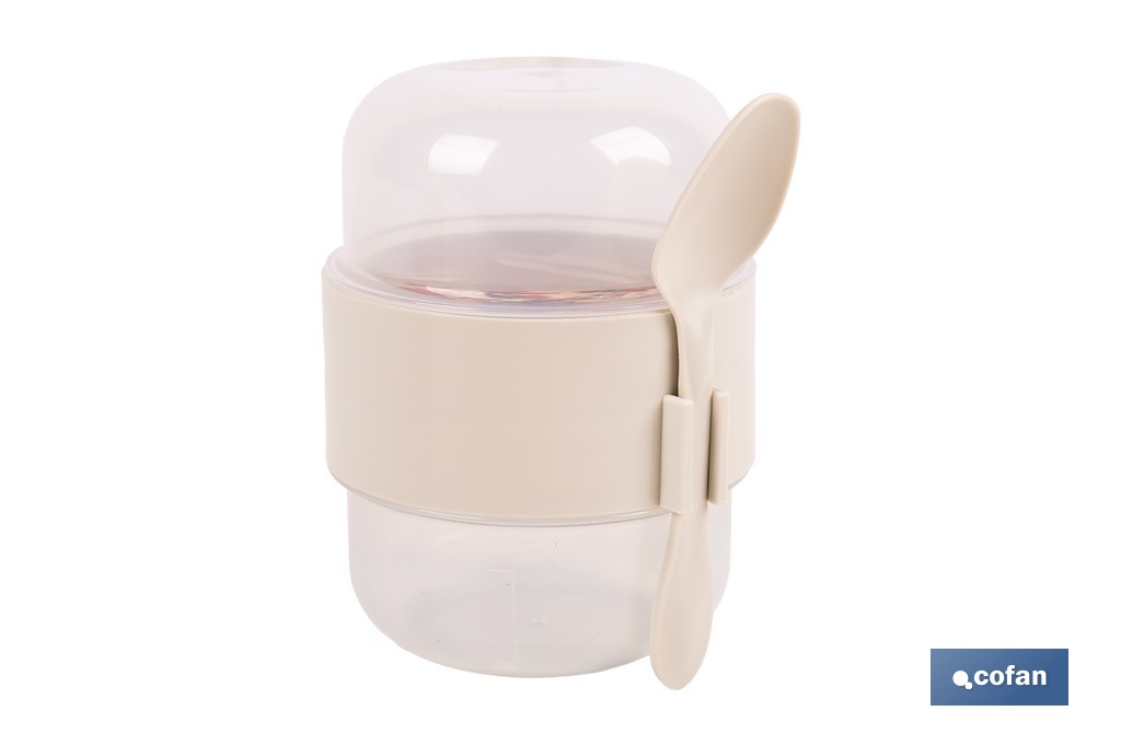 Set de 3 recipientes para cereales con tapa, cuchara y compartimento interior | Capacidad 200 ml + 200 ml | Colores aleatorios: beige, gris y marrón - Cofan