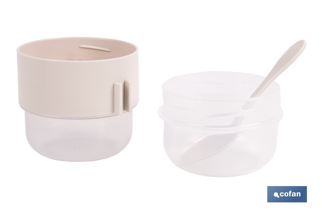 Set de 3 recipientes para cereales con tapa, cuchara y compartimento interior | Capacidad 200 ml + 200 ml | Colores aleatorios: beige, gris y marrón - Cofan