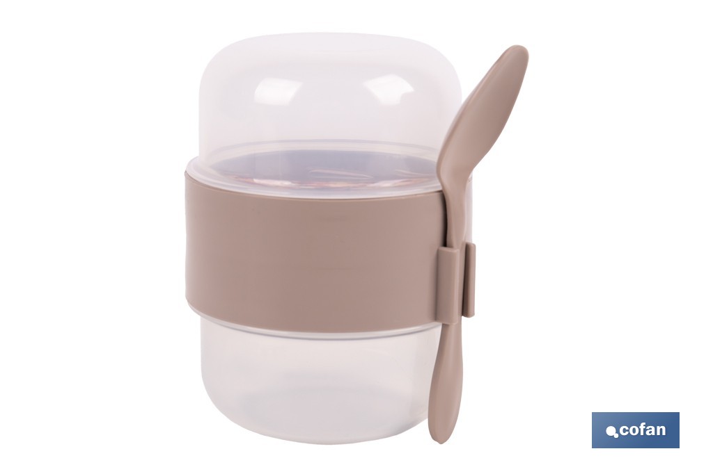 Set de 3 recipientes para cereales con tapa, cuchara y compartimento interior | Capacidad 200 ml + 200 ml | Colores aleatorios: beige, gris y marrón - Cofan