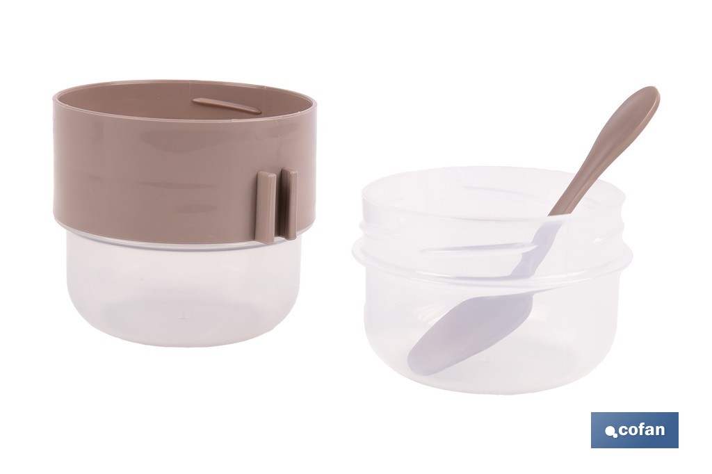 Set de 3 recipientes para cereales con tapa, cuchara y compartimento interior | Capacidad 200 ml + 200 ml | Colores aleatorios: beige, gris y marrón - Cofan