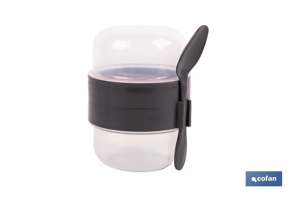 Set de 3 recipientes para cereales con tapa, cuchara y compartimento interior | Capacidad 200 ml + 200 ml | Colores aleatorios: beige, gris y marrón - Cofan
