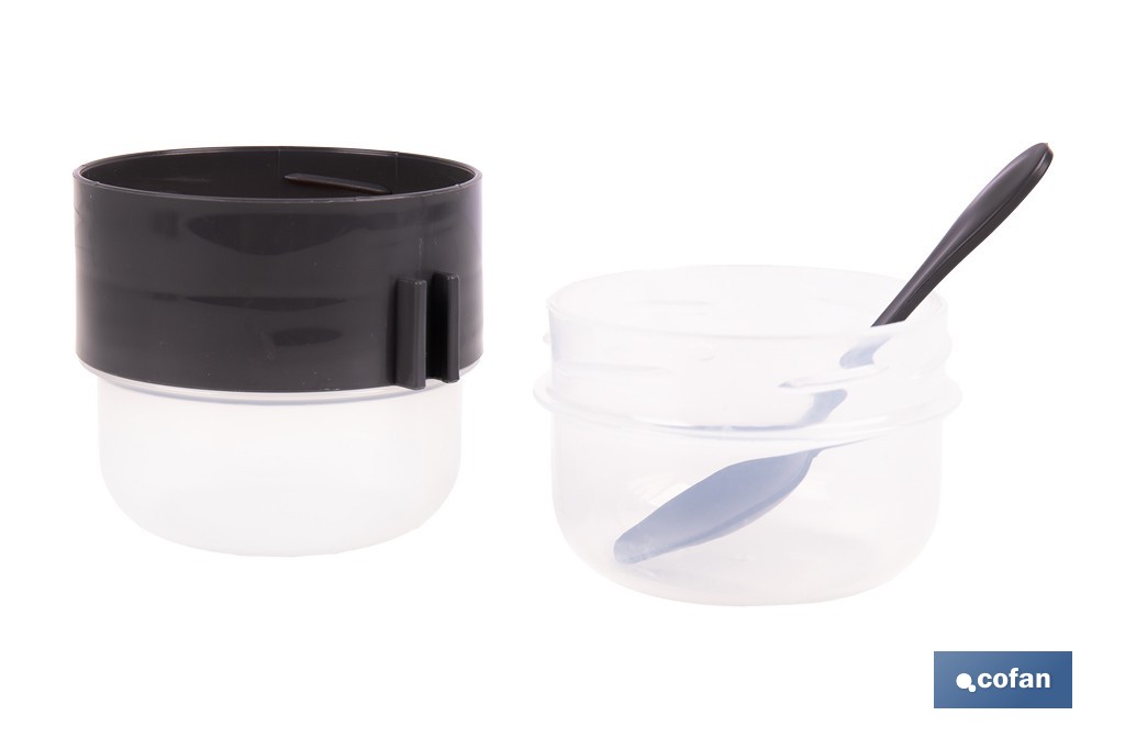 Set de 3 recipientes para cereales con tapa, cuchara y compartimento interior | Capacidad 200 ml + 200 ml | Colores aleatorios: beige, gris y marrón - Cofan
