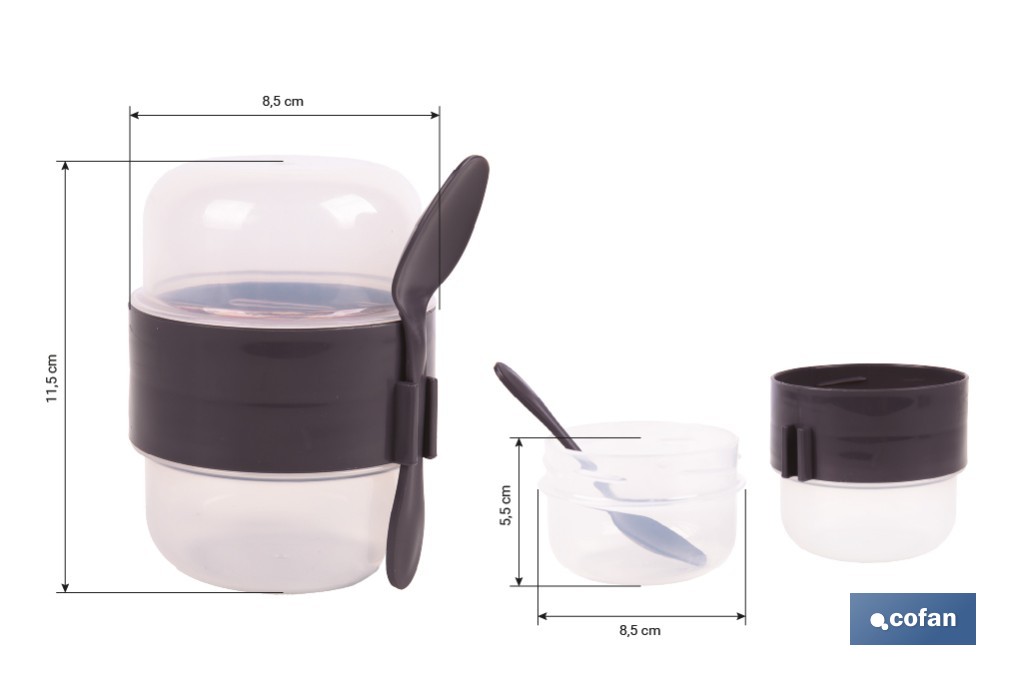 Set de 3 recipientes para cereales con tapa, cuchara y compartimento interior | Capacidad 200 ml + 200 ml | Colores aleatorios: beige, gris y marrón - Cofan
