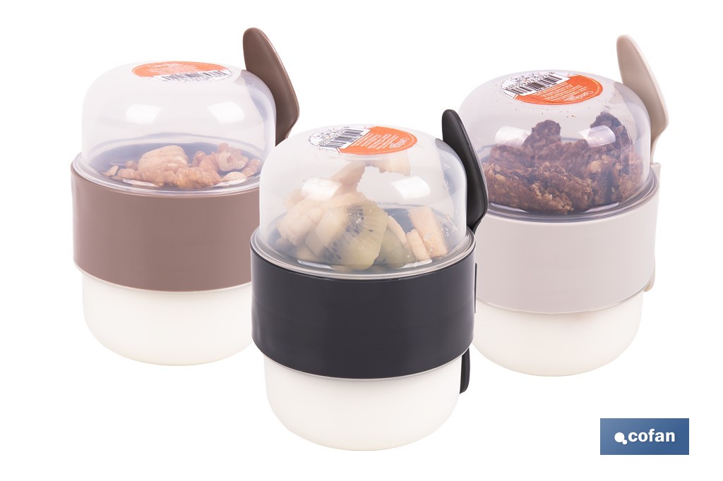 Set of 3 overnight oats containers with lid, spoon and inner compartment | Capacity 200 ml + 200 ml | Assorted colours: beige, grey and brown - Cofan