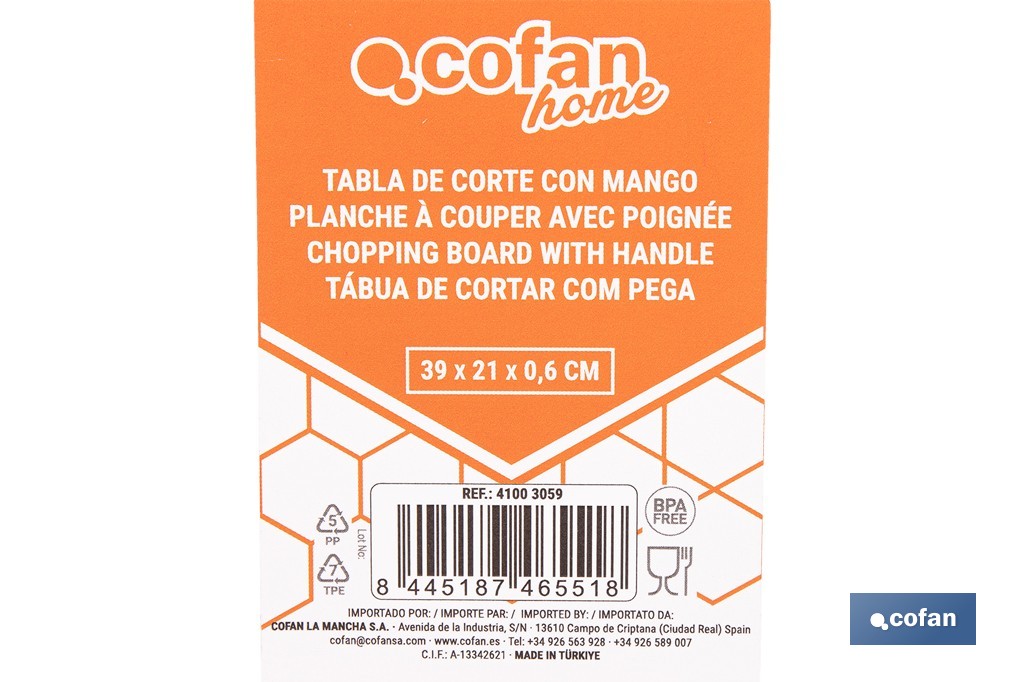Tabla de corte antideslizante con mango ergonómico | Materiales: PP + TPE | Color: blanco con borde rojo | Disponible en diferentes medidas - Cofan