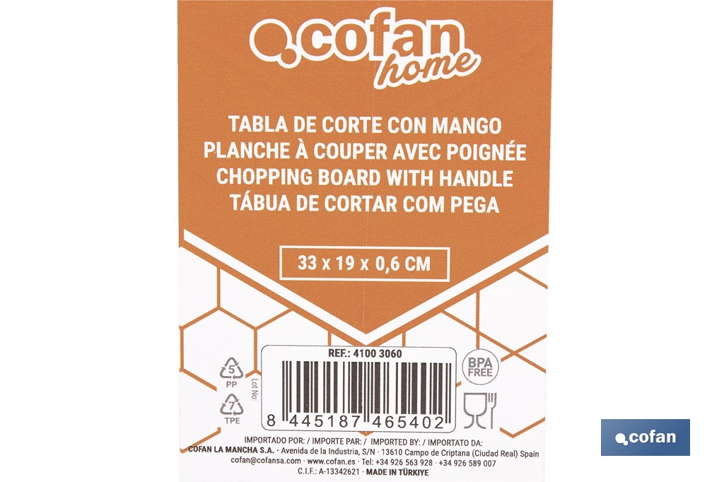 Tabla de corte antideslizante con mango ergonómico | Materiales: PP + TPE | Color: blanco con borde rojo | Disponible en diferentes medidas - Cofan