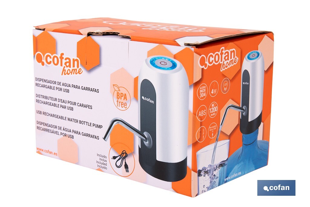 Dispensador de agua eléctrico | Grifo portátil para garrafas de agua | Adaptador universal incluido | Batería recargable de 1200 mAh con conexión USB-C - Cofan