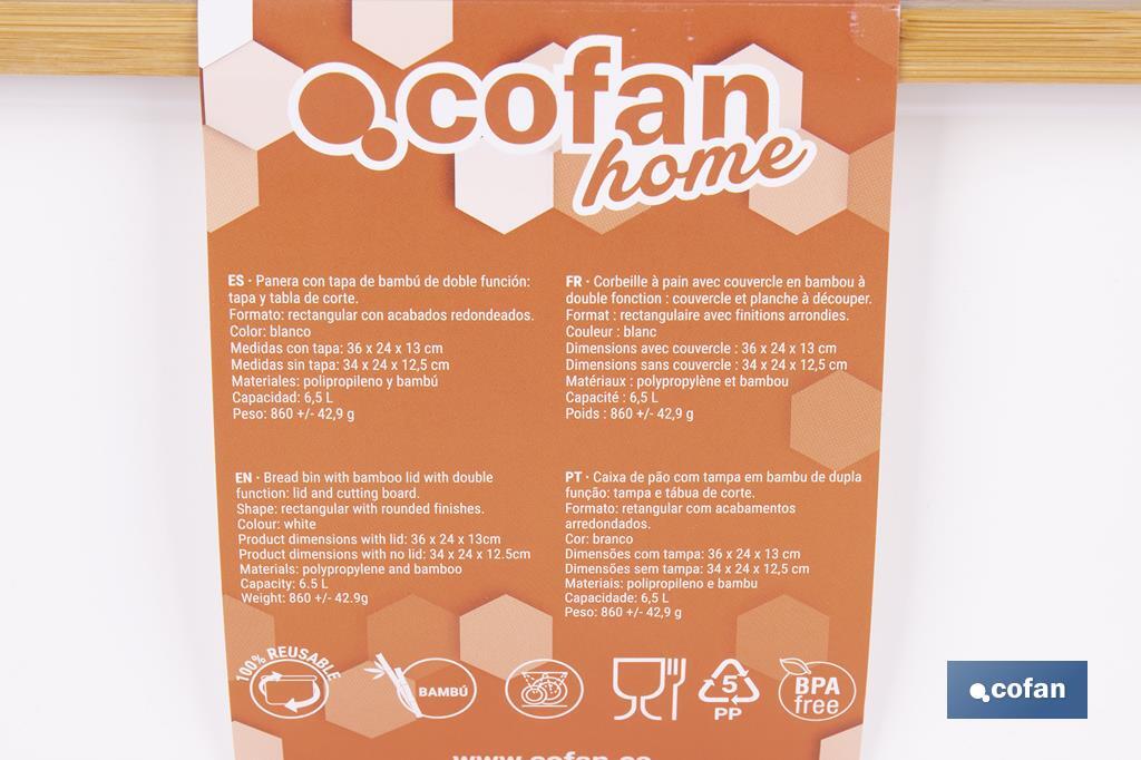 Panera con tapa de bambú | Diseño minimalista | Capacidad: 6,5 l | Perfecta para conservar pan fresco | Disponible en diferentes colores - Cofan