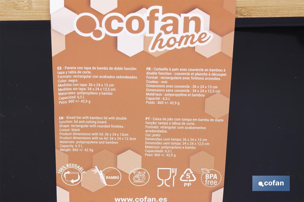 Panera con tapa de bambú | Diseño minimalista | Capacidad: 6,5 l | Perfecta para conservar pan fresco | Disponible en diferentes colores - Cofan