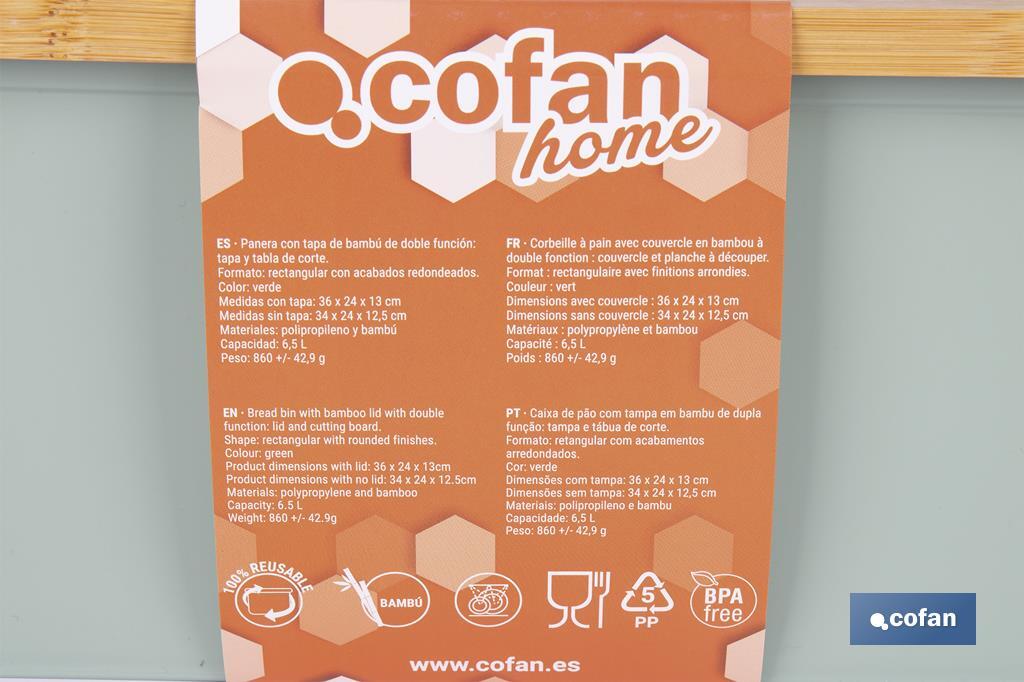 Panera con tapa de bambú | Diseño minimalista | Capacidad: 6,5 l | Perfecta para conservar pan fresco | Disponible en diferentes colores - Cofan