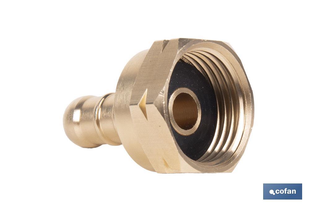 Racord para tubería de gas | Adecuado para regulador de gas 41003096 | Rosca izquierda 21,8 mm | Material: Latón | Medidas: 2,4 cm largo x 3,5 cm alto - Cofan