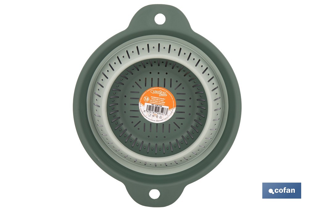 Escurridor plegable con asas y capacidad para 1,8 litros | Color: verde | Ahorro de espacio | Ideal para frutas, verduras y pasta - Cofan