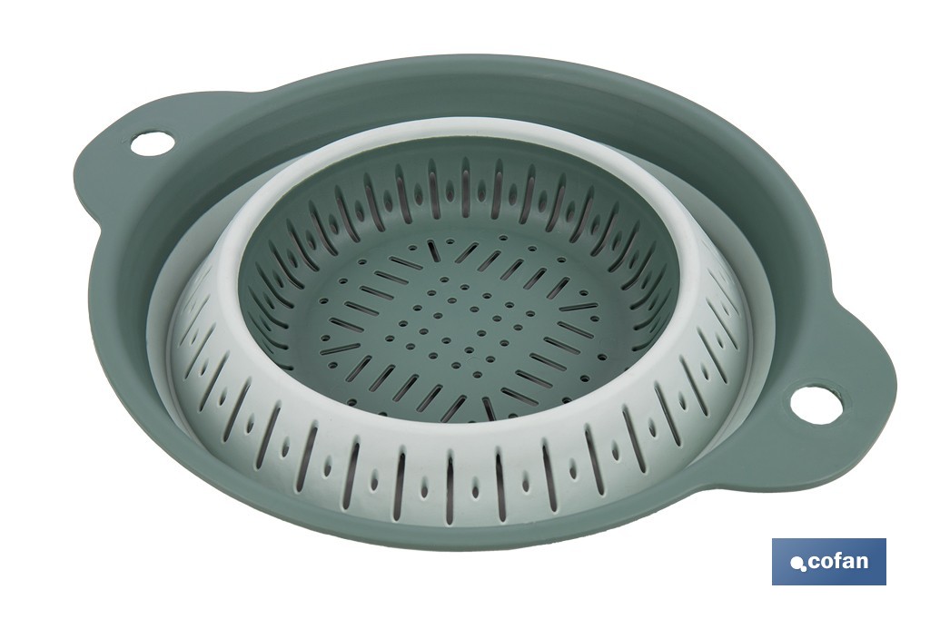 Escurridor plegable con asas y capacidad para 1,8 litros | Color: verde | Ahorro de espacio | Ideal para frutas, verduras y pasta - Cofan