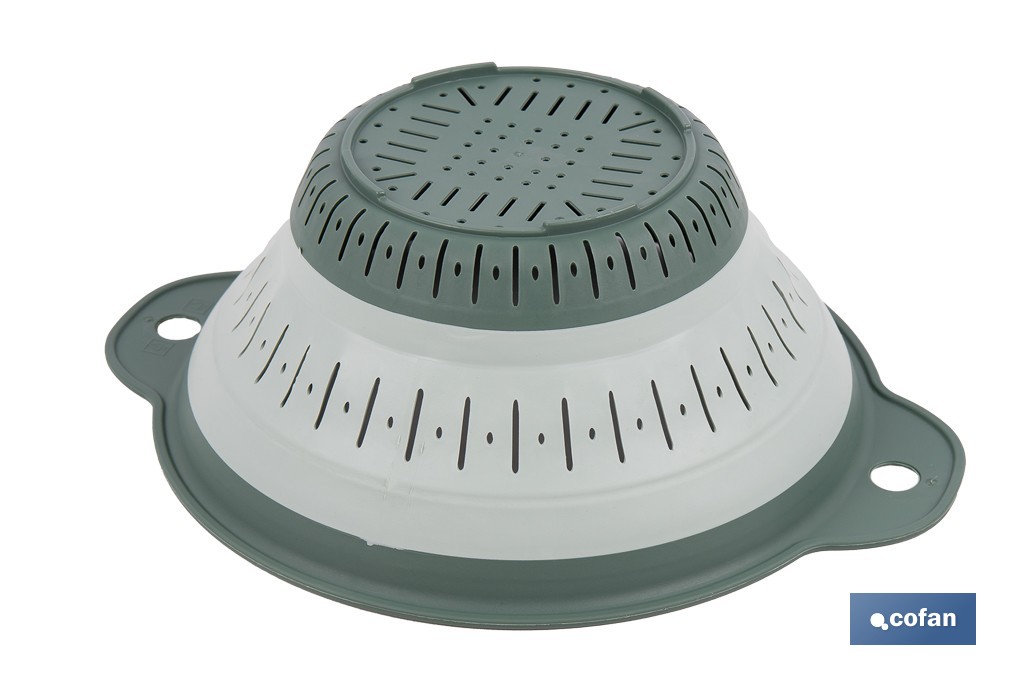 Escurridor plegable con asas y capacidad para 1,8 litros | Color: verde | Ahorro de espacio | Ideal para frutas, verduras y pasta - Cofan