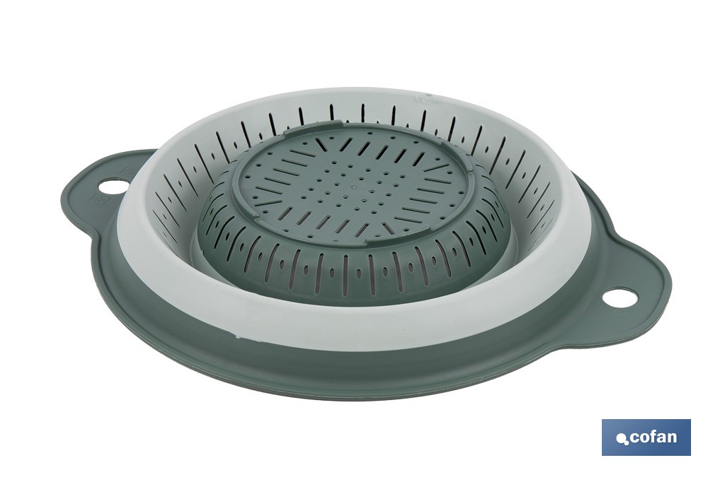 Escurridor plegable con asas y capacidad para 1,8 litros | Color: verde | Ahorro de espacio | Ideal para frutas, verduras y pasta - Cofan