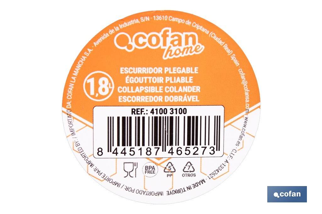 Escurridor plegable con asas y capacidad para 1,8 litros | Color: verde | Ahorro de espacio | Ideal para frutas, verduras y pasta - Cofan