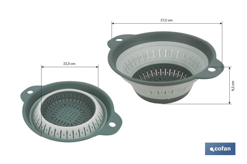 Escurridor plegable con asas y capacidad para 1,8 litros | Color: verde | Ahorro de espacio | Ideal para frutas, verduras y pasta - Cofan
