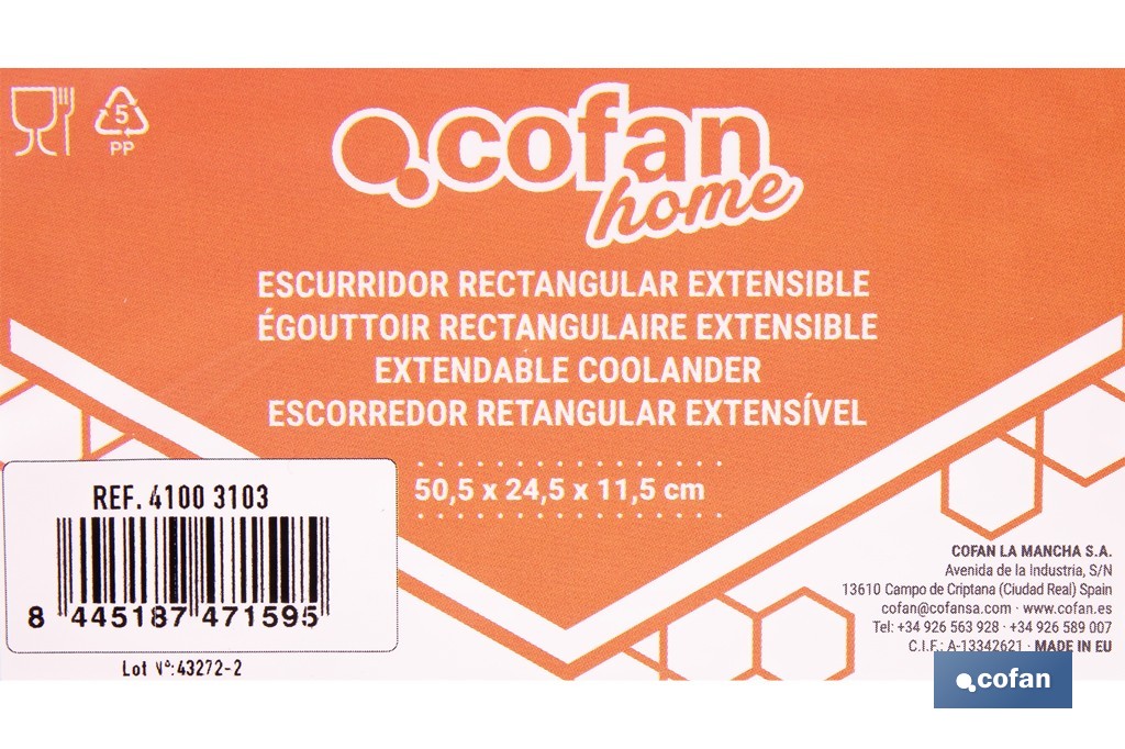 Escurridor rectangular extensible | Lava y escurre alimentos sobre el fregadero | Disponible en diferentes colores - Cofan