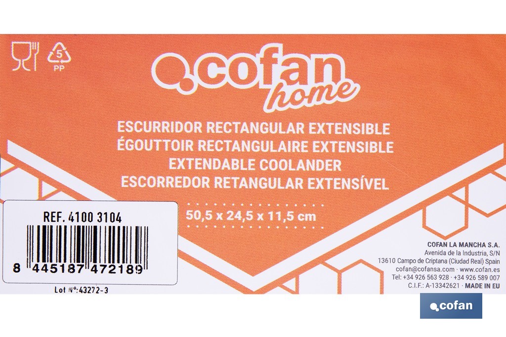 Escurridor rectangular extensible | Lava y escurre alimentos sobre el fregadero | Disponible en diferentes colores - Cofan