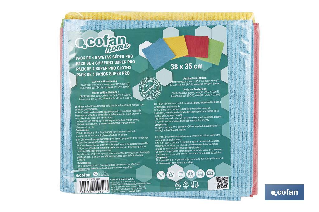 Pack de 4 bayetas de microfibra antibacterianas | Alta calidad y versatilidad | Máxima absorción | Medidas: 38 x 35 cm - Cofan