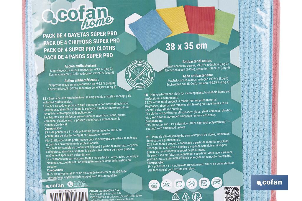 Pack de 4 bayetas de microfibra antibacterianas | Alta calidad y versatilidad | Máxima absorción | Medidas: 38 x 35 cm - Cofan