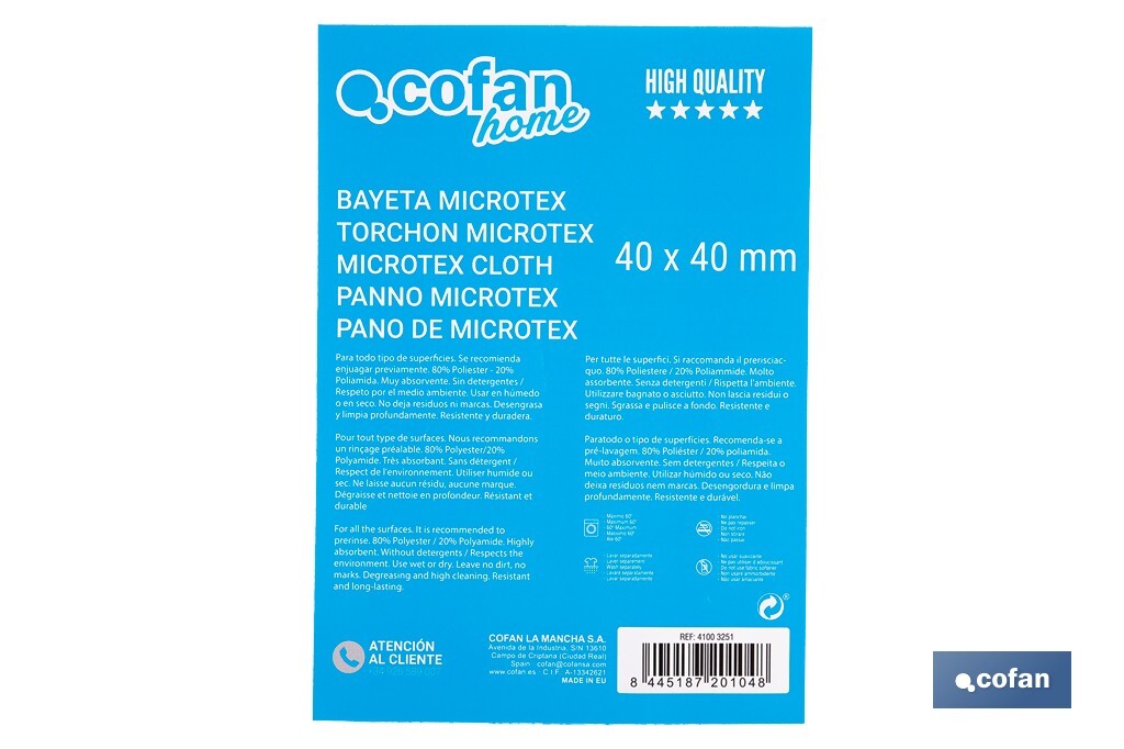 Microtex Cleaning cloth | Size: 40 x 40cm | Blue | Reusable cloth | Highly absorbent cleaning cloth - Cofan