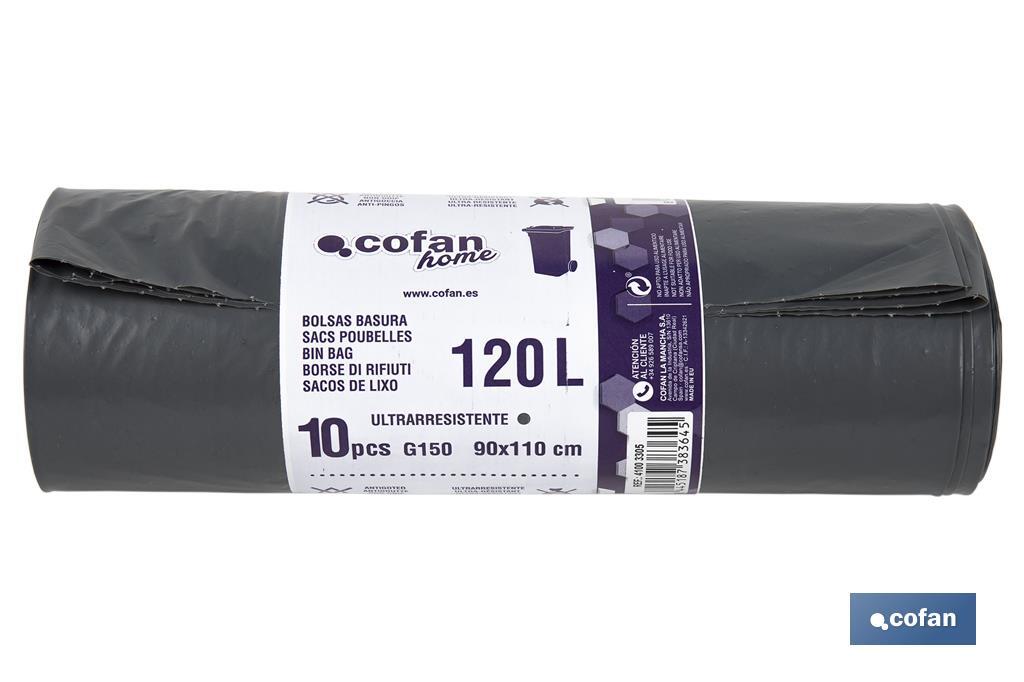 Grey bin bags | Size: 90 x 110cm | 120 litres | 10 pieces - Cofan