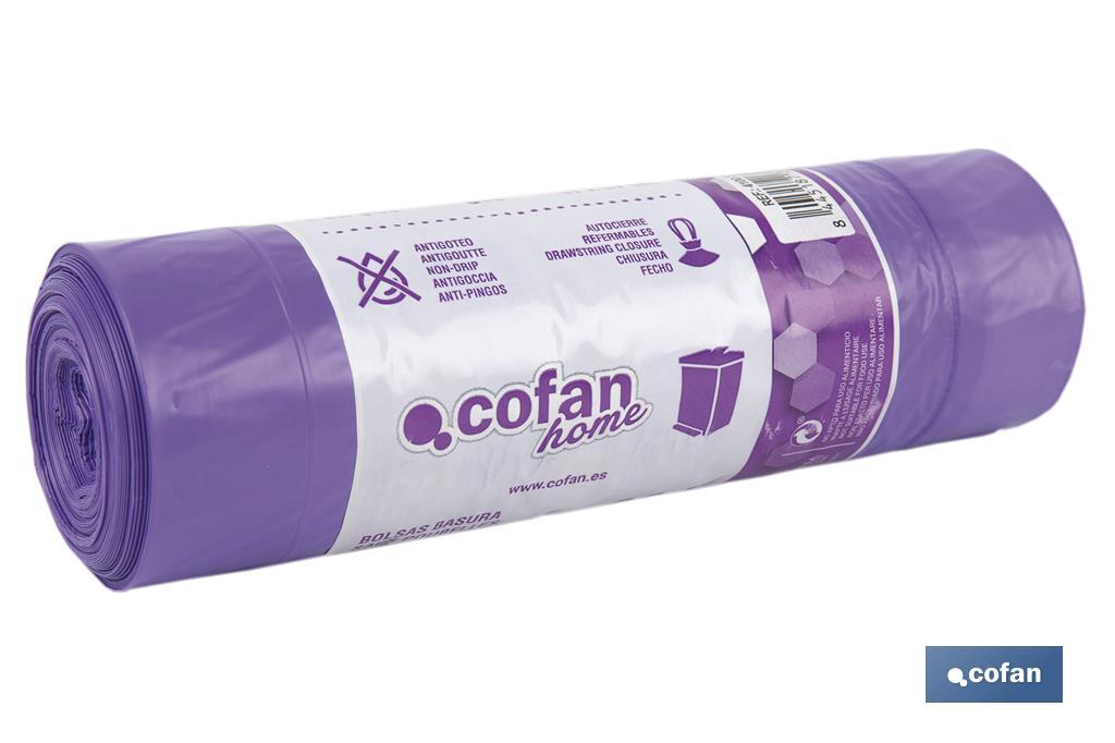 Sacos do lixo perfumados com autofecho na cor violeta | Medidas: 57 x 57 cm e calibre de 90 - Cofan