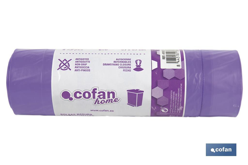 Lavender scented bin bags with violet tie handles | Size: 57 x 57cm and gauge of 90 - Cofan