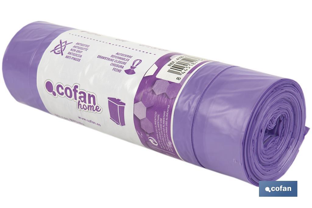 Bolsas de basura perfumadas con autocierre en color violeta | Medidas de 57 x 57 cm y galga de 90 - Cofan