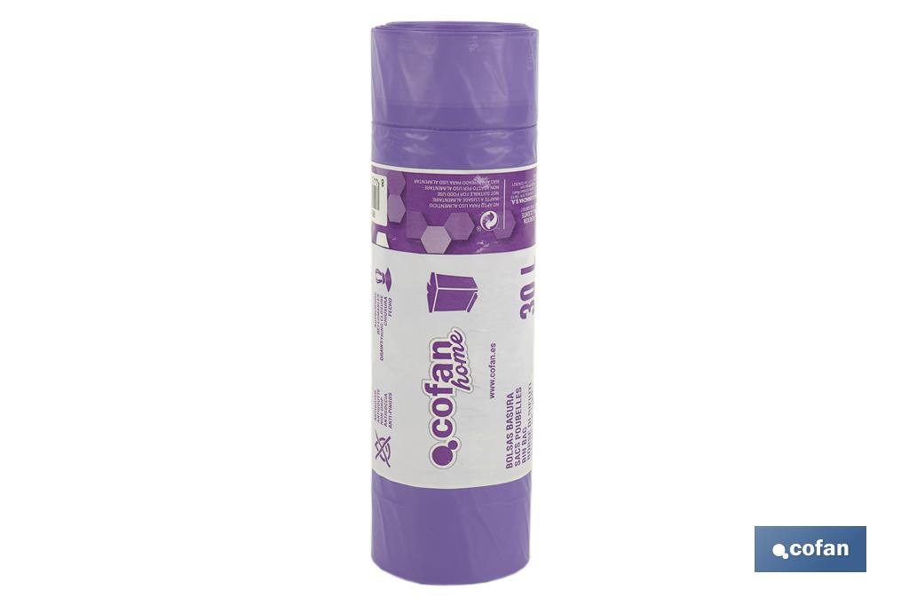 Sacos do lixo perfumados com autofecho na cor violeta | Medidas: 57 x 57 cm e calibre de 90 - Cofan