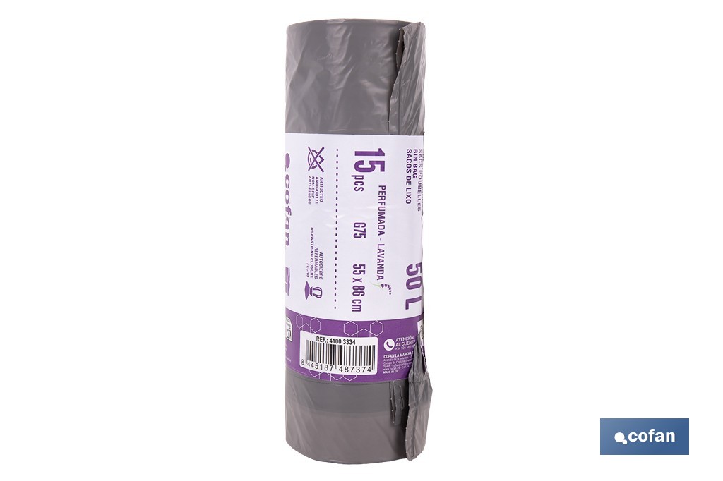 Bolsas de basura perfumadas con autocierre | Rollo de 15 bolsas de basura | Adecuadas para cubos de basura de 30 y 50 litros - Cofan