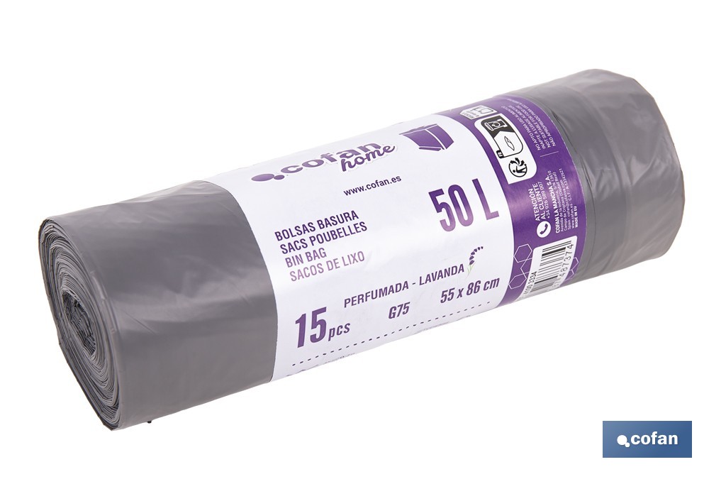 Bolsas de basura perfumadas con autocierre | Rollo de 15 bolsas de basura | Adecuadas para cubos de basura de 30 y 50 litros - Cofan