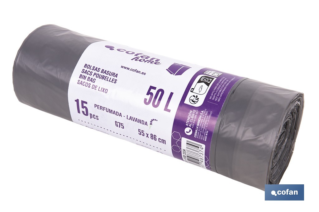 Bolsas de basura perfumadas con autocierre | Rollo de 15 bolsas de basura | Adecuadas para cubos de basura de 30 y 50 litros - Cofan