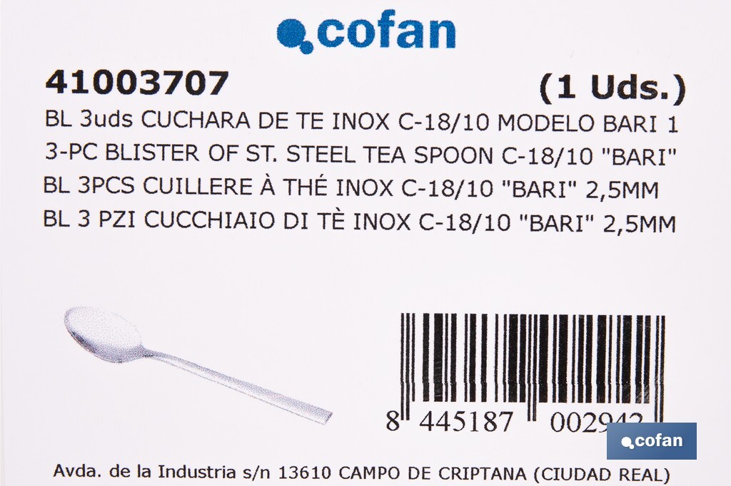 Colher de chá | Modelo Bari I Fabricado em Aço inox 18/10 I Blíster de 3 unidades ou Pack - Cofan