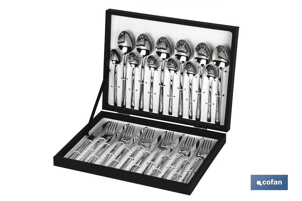 Cubertería | Modelo Bari | Fabricado en Acero Inox 18/0 | Juego de 24 pcs | Incluye estuche negro de madera - Cofan