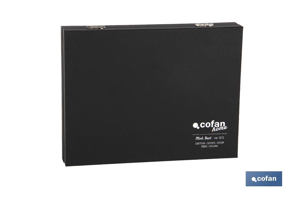Cubertería | Modelo Bari | Fabricado en Acero Inox 18/0 | Juego de 24 pcs | Incluye estuche negro de madera - Cofan