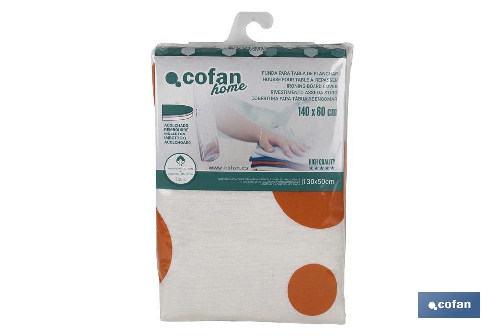 Padded cotton ironing board cover | Size: 140 x 60cm | White print with polka dots - Cofan