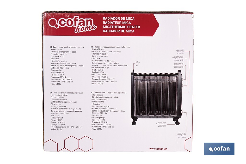 Radiador de mica 2000 W con termostato ajustable | Calefactor silencioso portátil de bajo consumo| Disponible en diferentes colores - Cofan