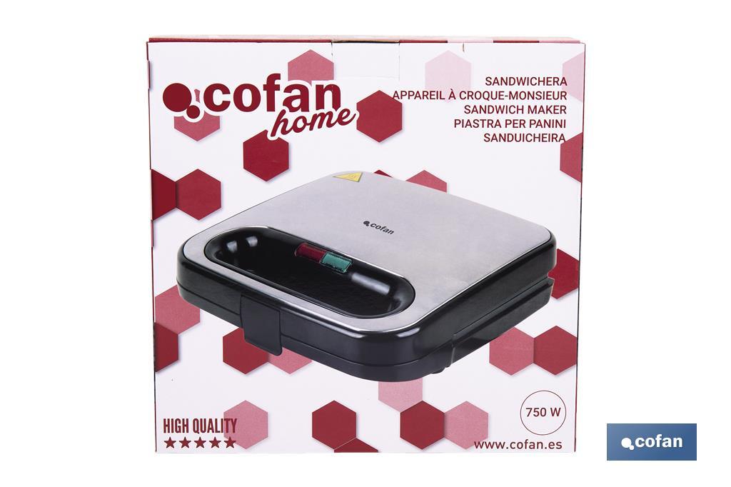 Sandwichera | Revestimiento antiadherente | Compartimentos para 2 sándwiches | Potencia: 750 W | Medidas: 23,7 x 23,3 x 9 cm - Cofan