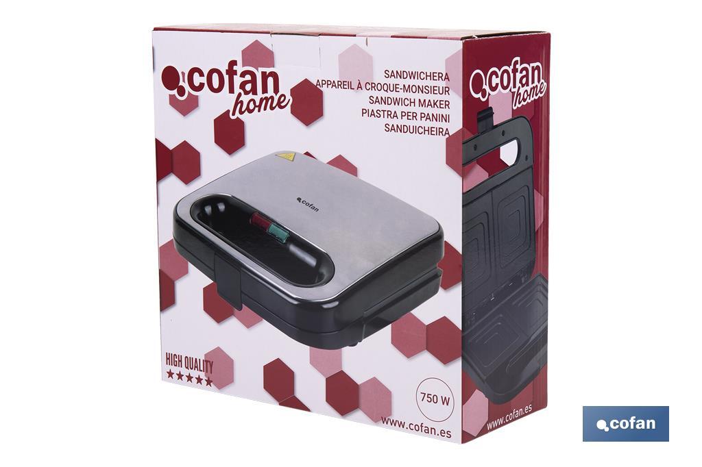 Sandwichera | Revestimiento antiadherente | Compartimentos para 2 sándwiches | Potencia: 750 W | Medidas: 23,7 x 23,3 x 9 cm - Cofan