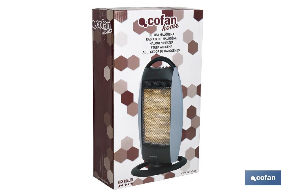 Oscillating halogen heater | Three power settings: 400W, 800W and 1,200W | Instantaneous heat diffusion | Three halogen tubes | Anti-tip safety system - Cofan