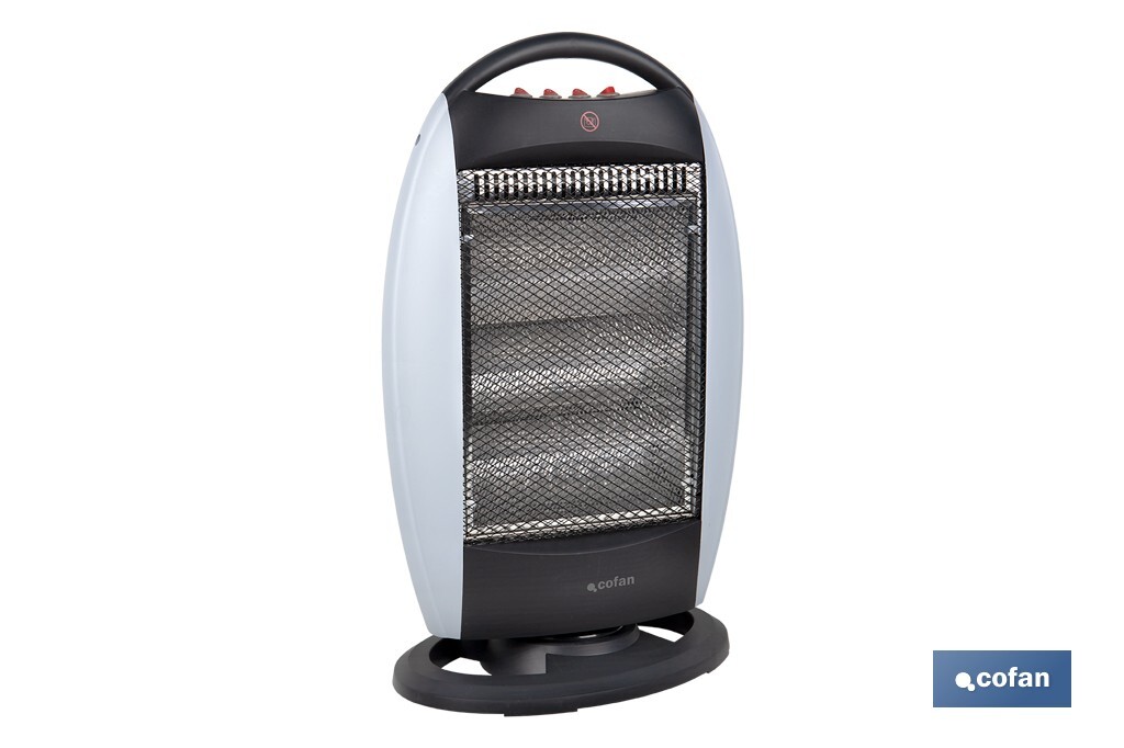 Oscillating halogen heater | Three power settings: 400W, 800W and 1,200W | Instantaneous heat diffusion | Three halogen tubes | Anti-tip safety system - Cofan