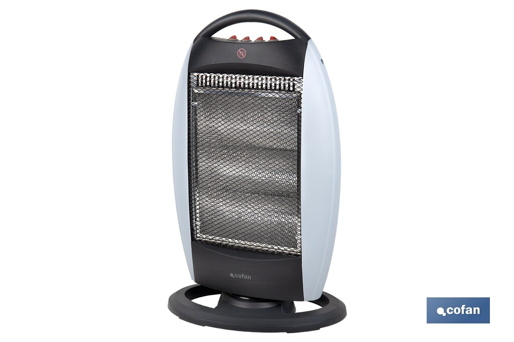 Oscillating halogen heater | Three power settings: 400W, 800W and 1,200W | Instantaneous heat diffusion | Three halogen tubes | Anti-tip safety system - Cofan