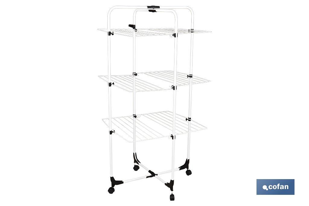 Stendino a torre, Realizzato in acciaio dipinto e polipropilene, Dimensioni: 70 x 60 x 137 cm, 3 livelli di stenditura